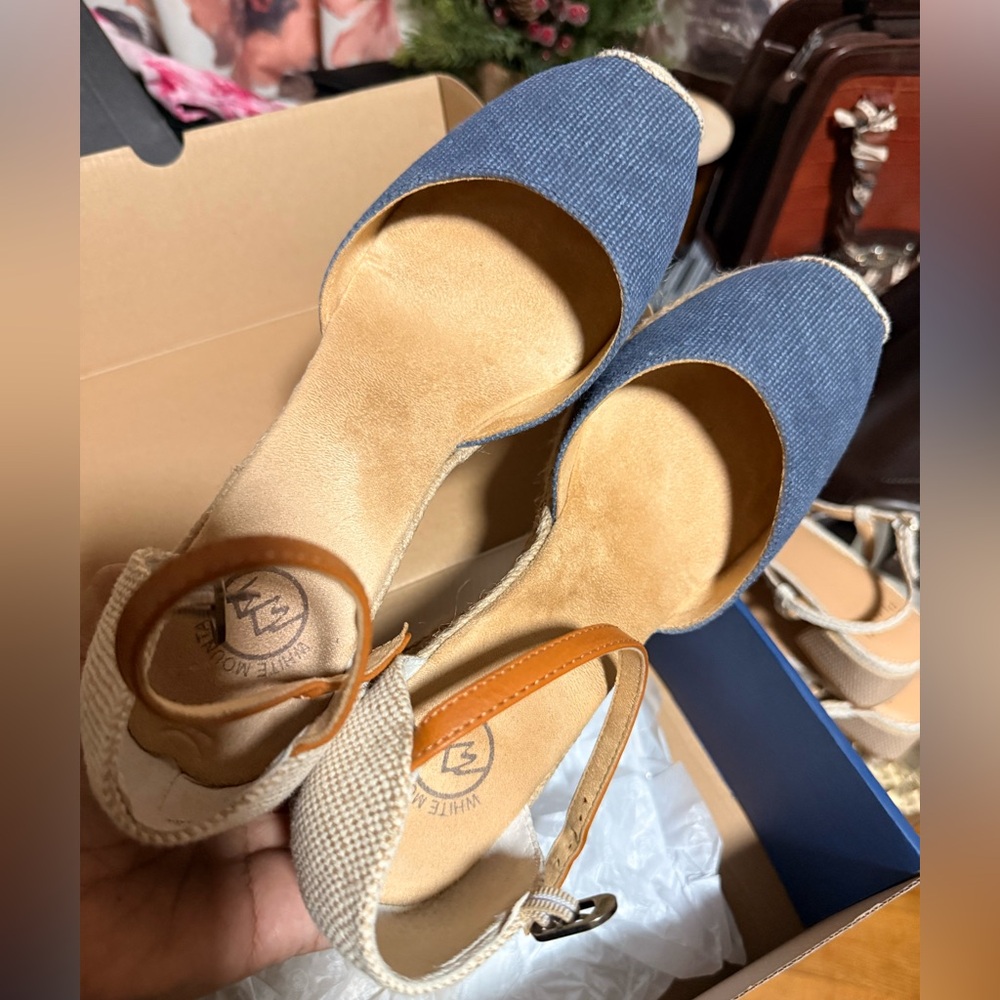 White Mountain Blue and Tan Espadrille Sandals - Picture 2 of 8